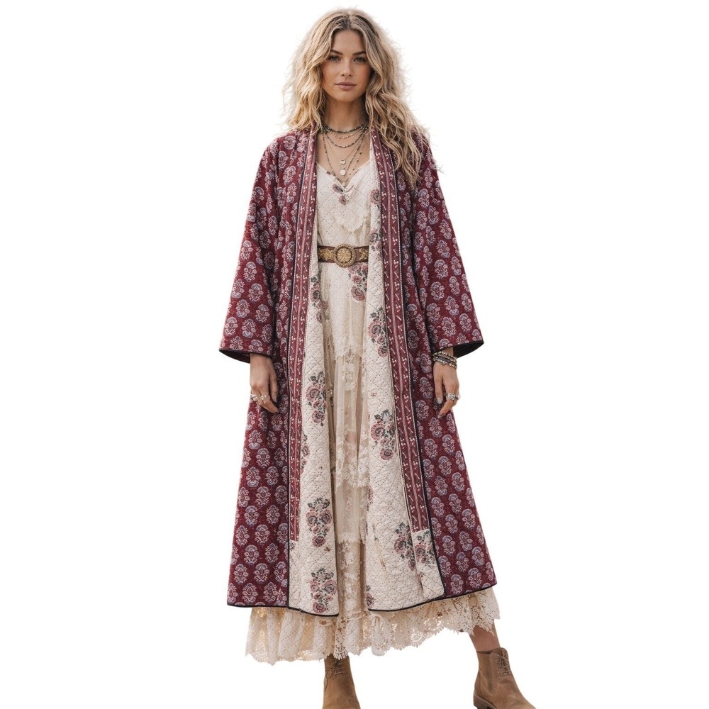 Alix of Bohemia Reversible Kantha Quilt Floral Coat Red Ivory Size L